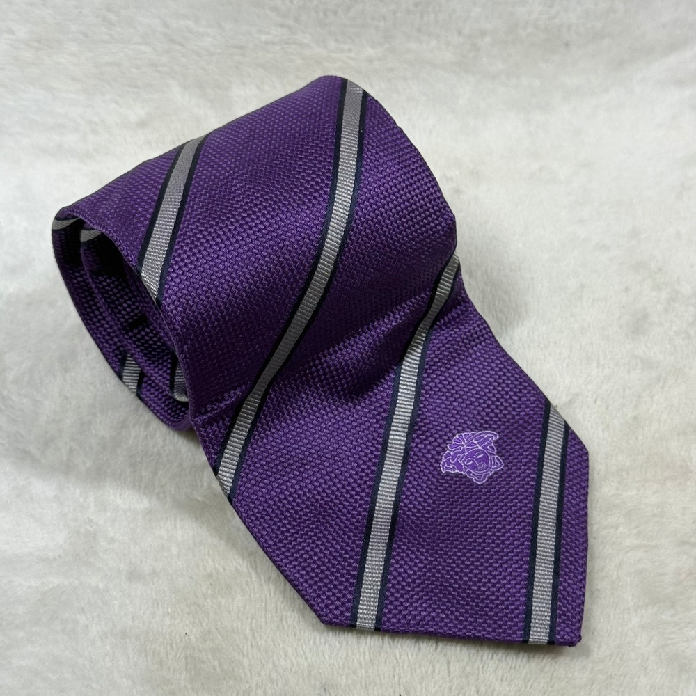 Versace Mens Purple Silk Necktie Silver Striped Medusa Head Logo Made in Italy
